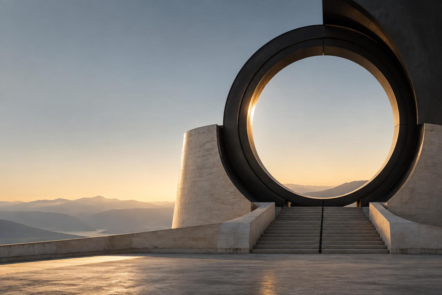 An architectural observatory framing the horizon at dawn